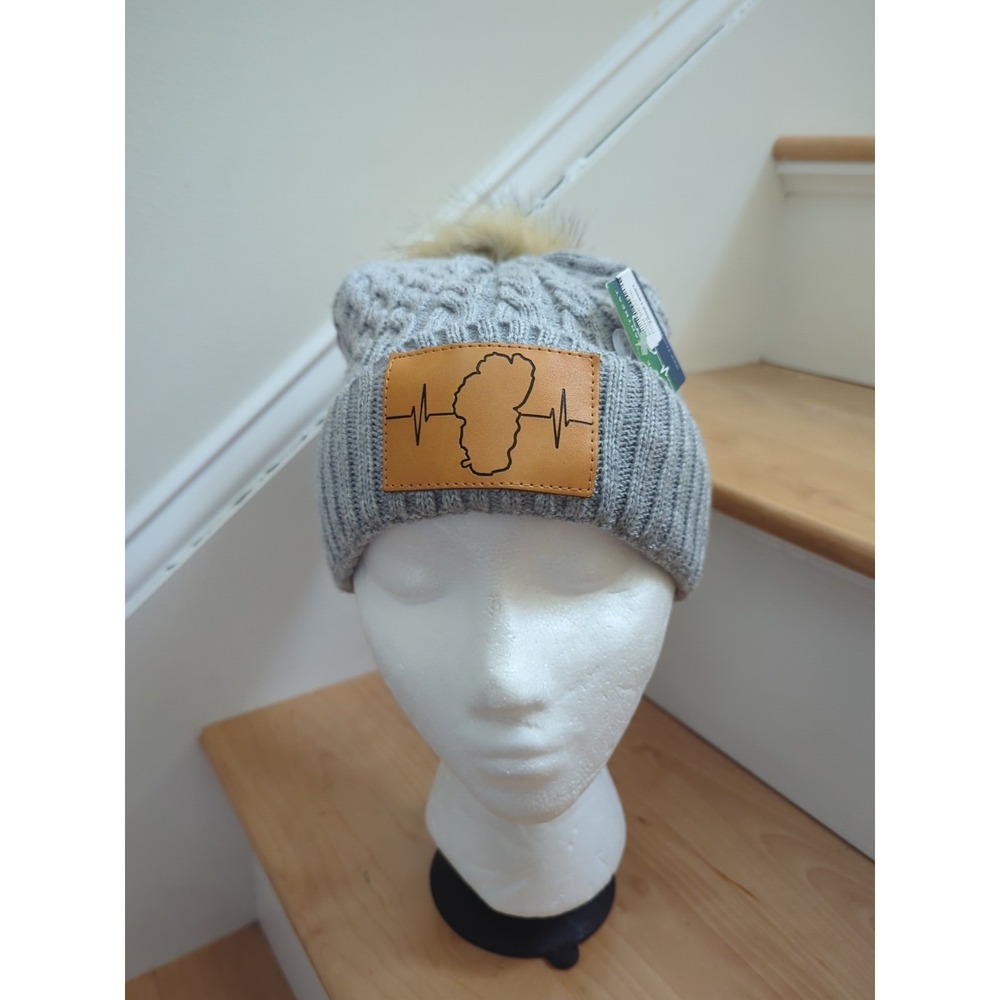 NWT The HeartBeat Brand Featuring Lake Tahoe Outline Ski Knit Beanie Pom